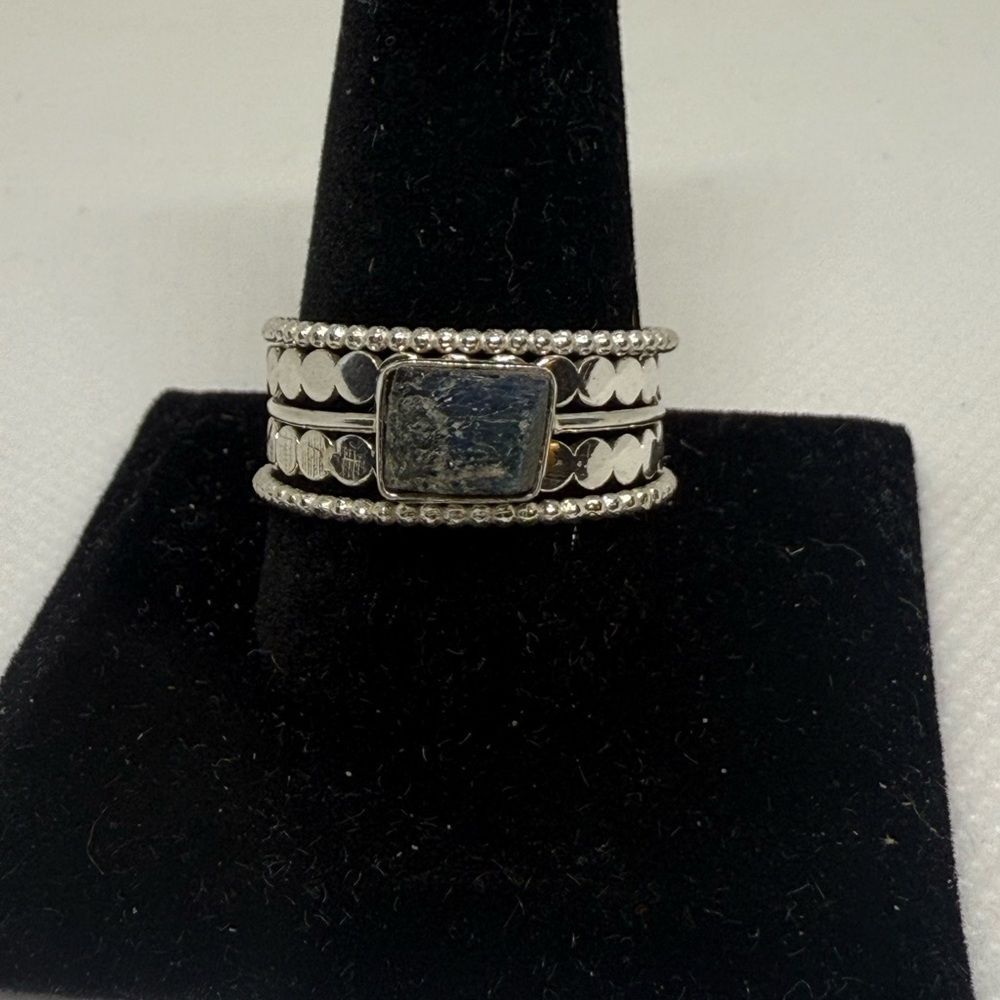 5 piece silver stacker ring set with labradorite stone size 11.5